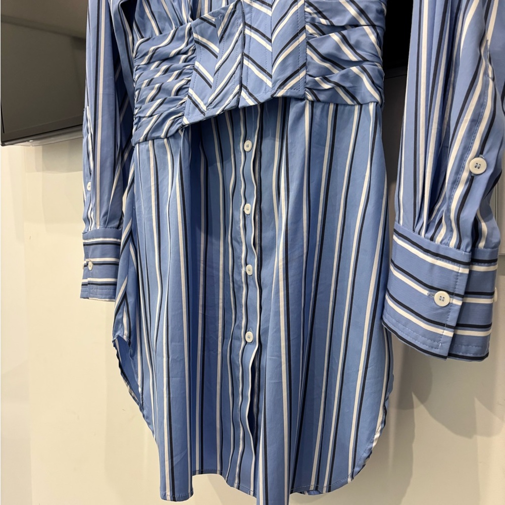 Zara Blue and White Striped Dress with Waist Detail - Picture 4 of 10